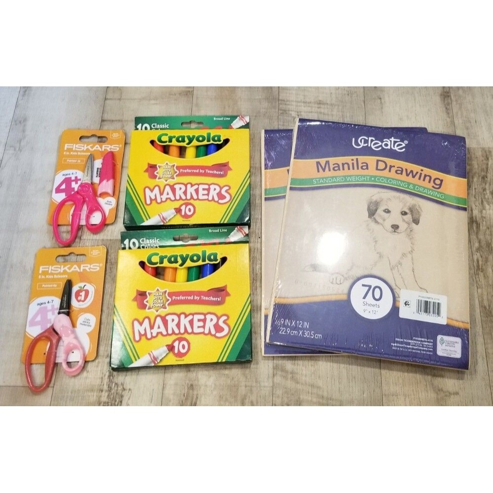 Lot Of 2x Crayola Markers 2x Fiskars Scissors 2x Manilla Paper School Supplies